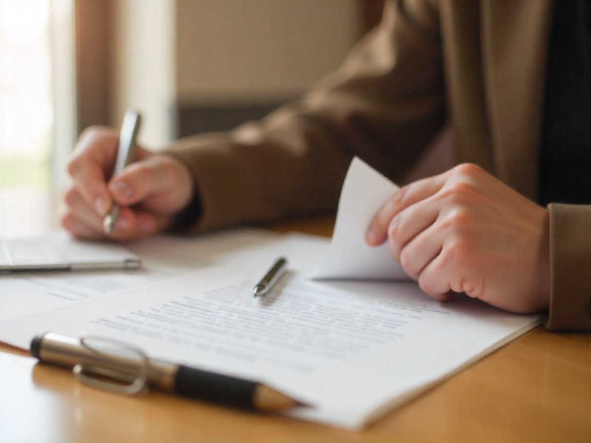 Person reviewing and signing documents at a desk, with pens and paperwork visible in the foreground.