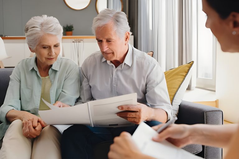 Senior couple writing will, inheritance and life insurance documents or contract with lawyer planning retirement. Pension fund, finance and financial investment with legal advisor for home mortgage