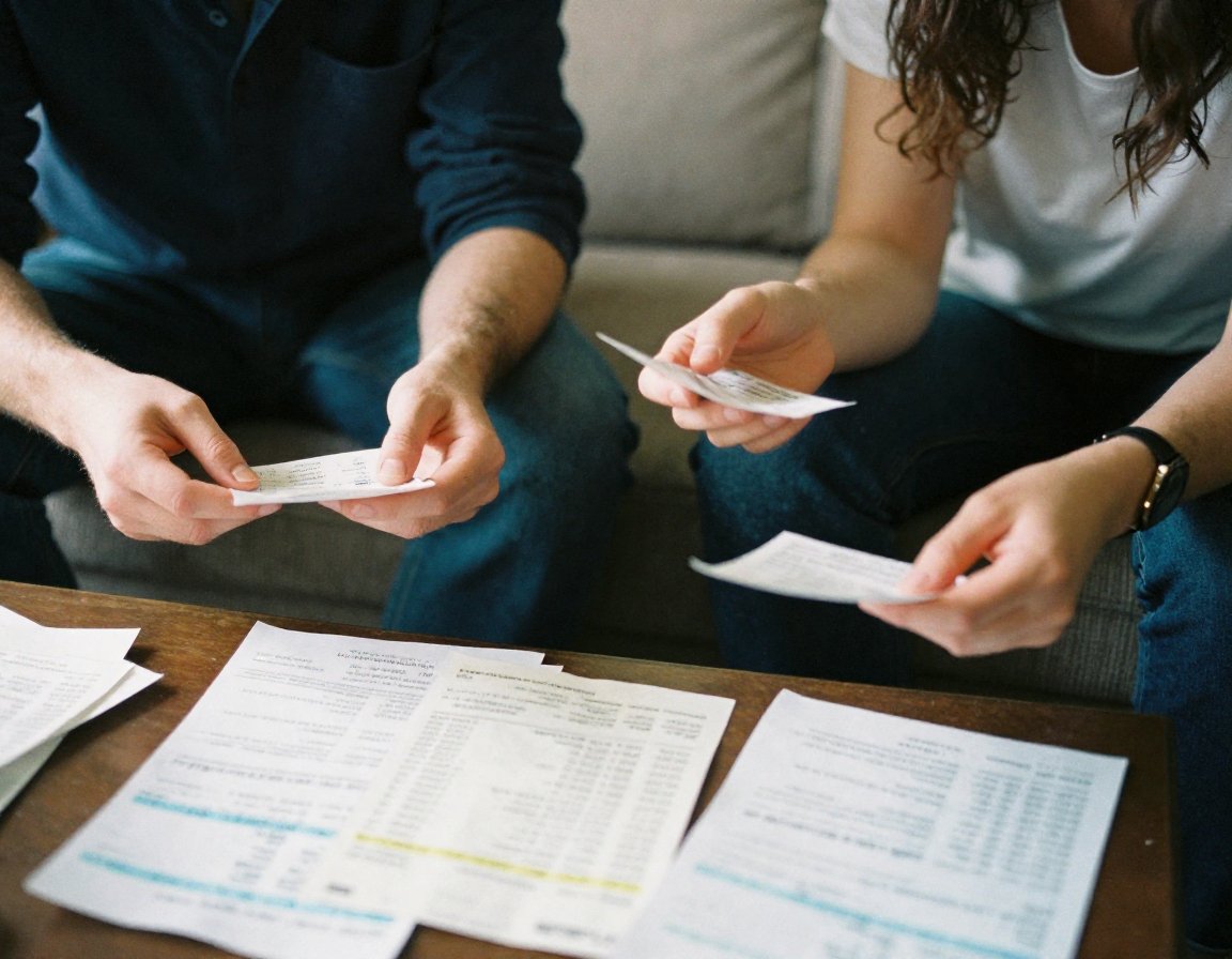 Young couple seated on couch debating finances faces cropped visible hands holding receipts messy coffee table with invoices
