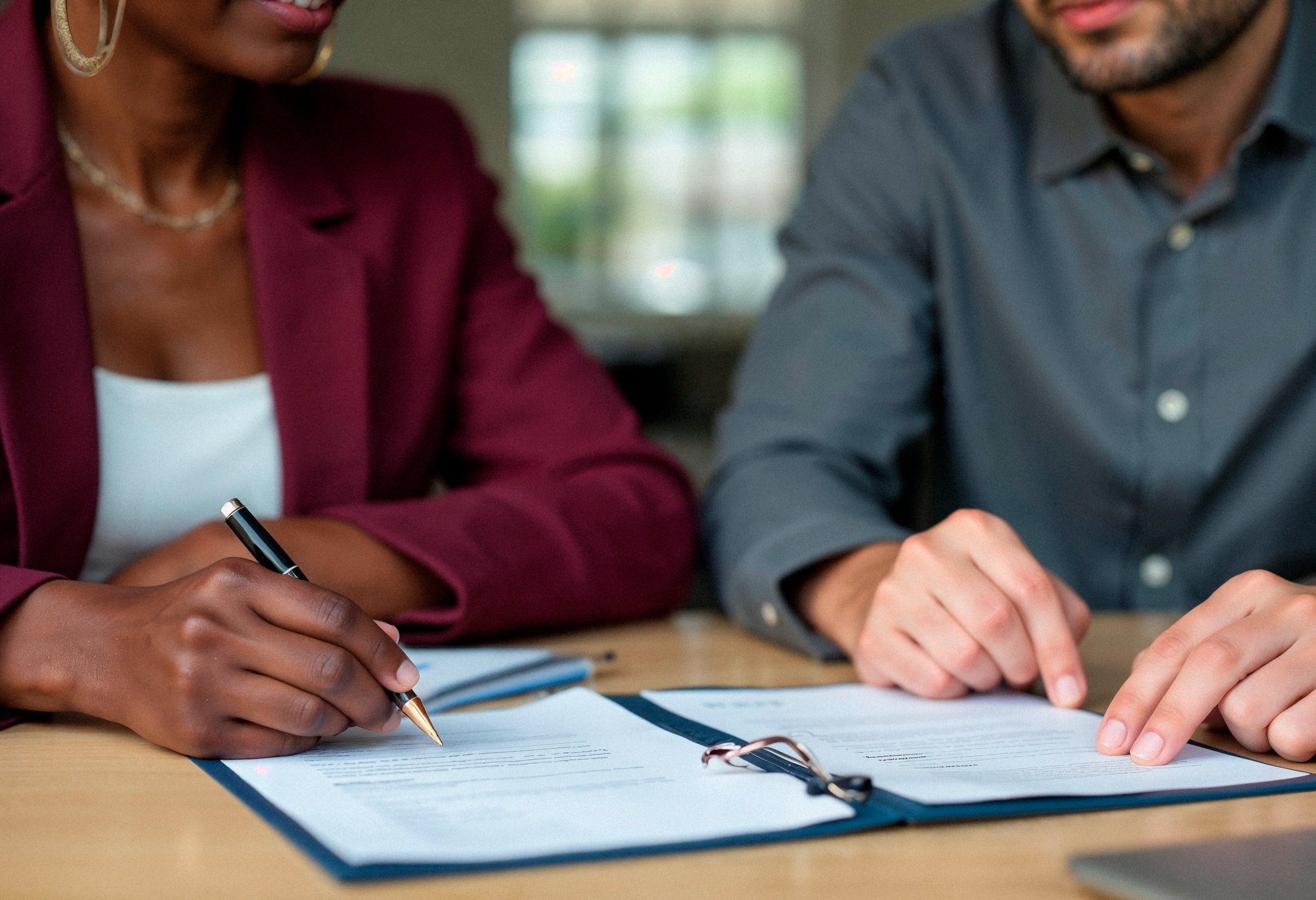 Two People Sit at a Table Reviewing Premarital Agreements